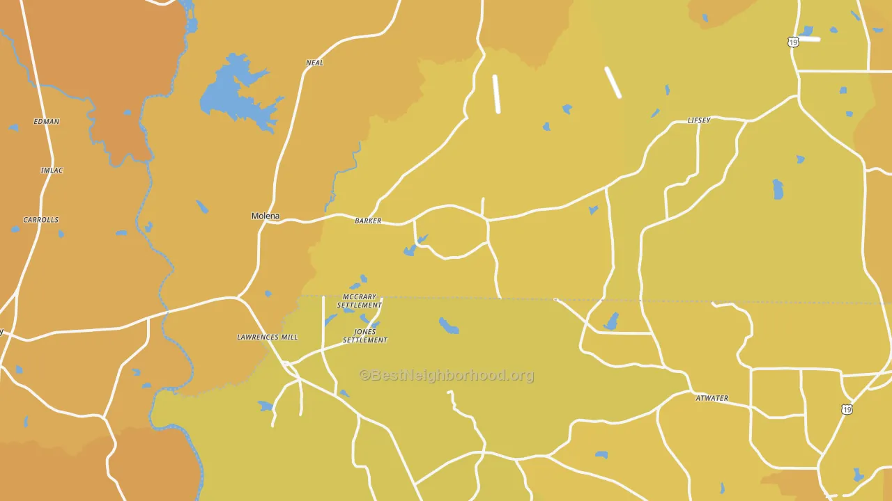 Map of the best neighborhoods in the Molena area, with better matches in green and worse matches in red
