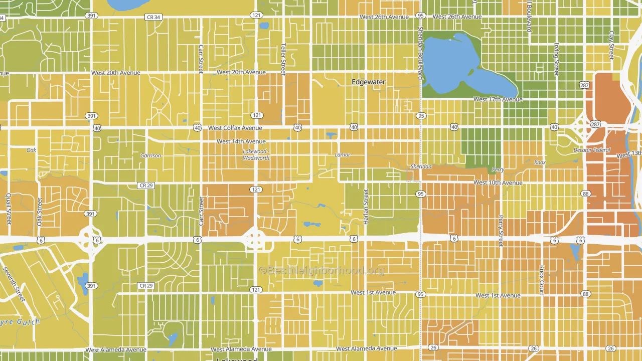 Map of the best neighborhoods in the Molholm Two Creeks, Edgewater area, with better matches in green and worse matches in red