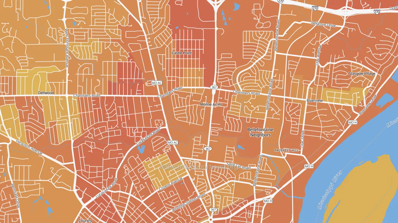 Map of the best neighborhoods in the Moline Acres area, with better matches in green and worse matches in red