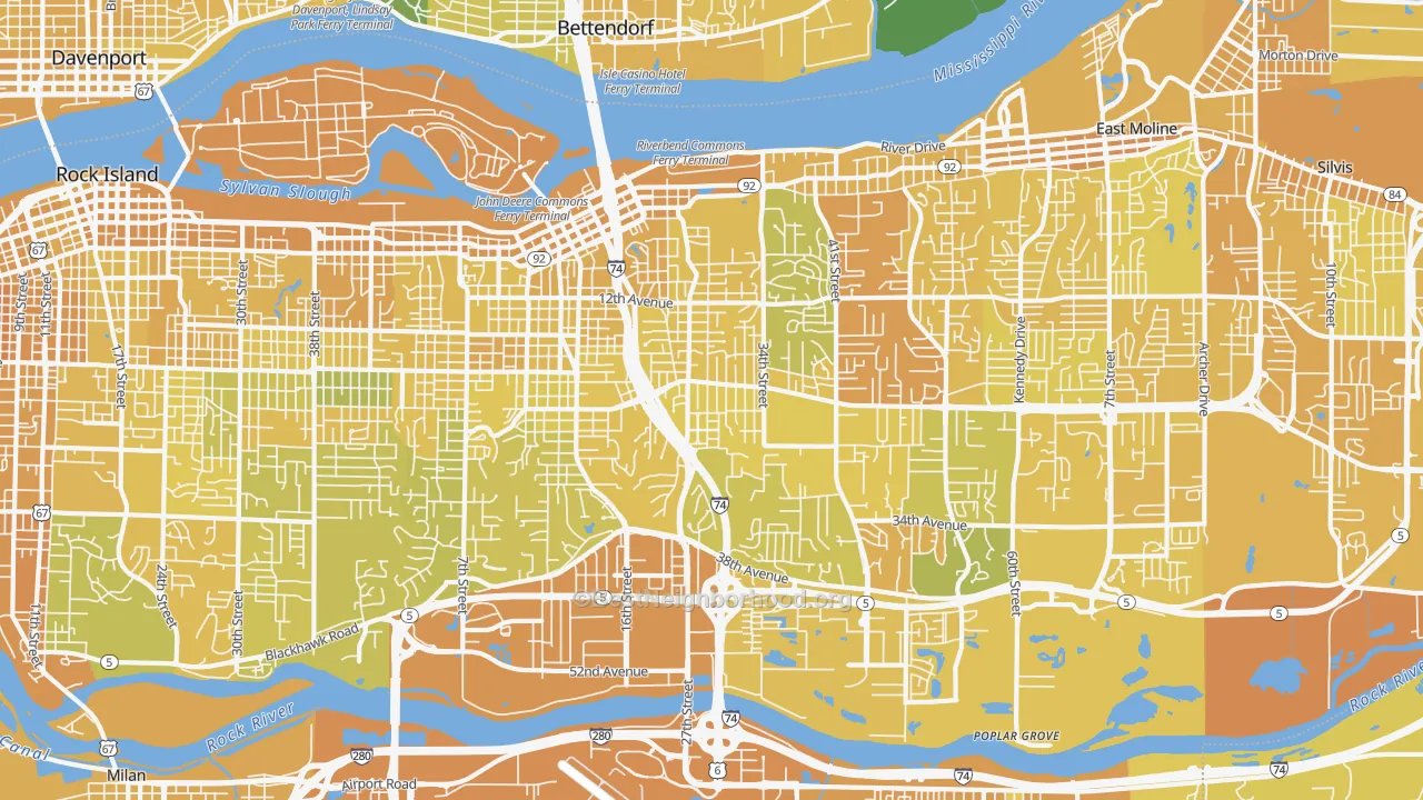 Map of the best neighborhoods in the Moline area, with better matches in green and worse matches in red