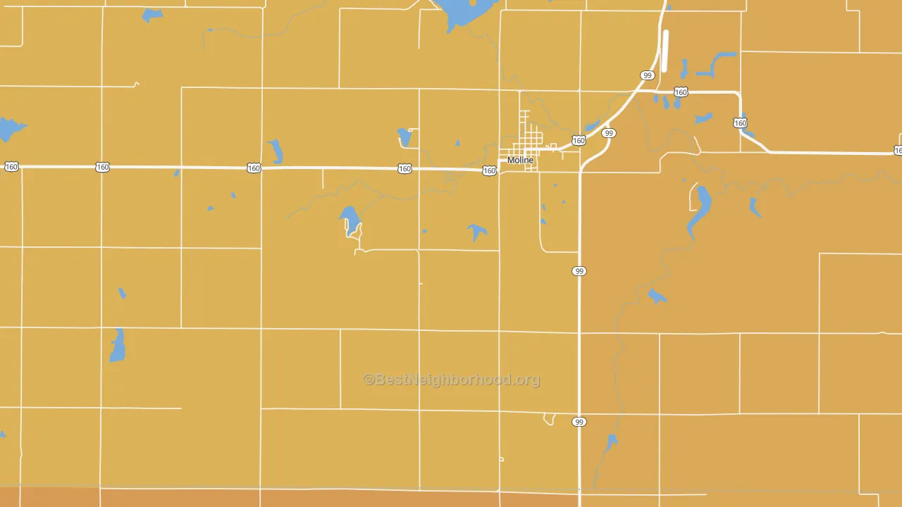 Map of the best neighborhoods in the Moline area, with better matches in green and worse matches in red