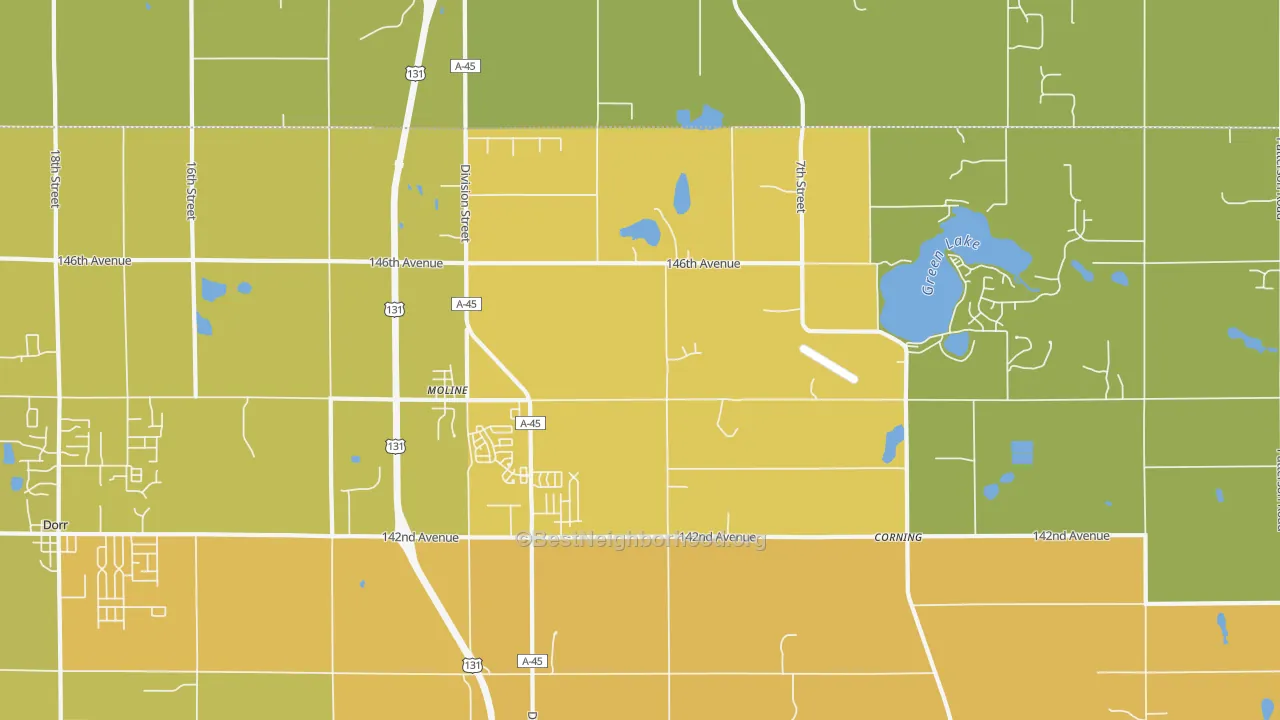 Map of the best neighborhoods in the Moline area, with better matches in green and worse matches in red