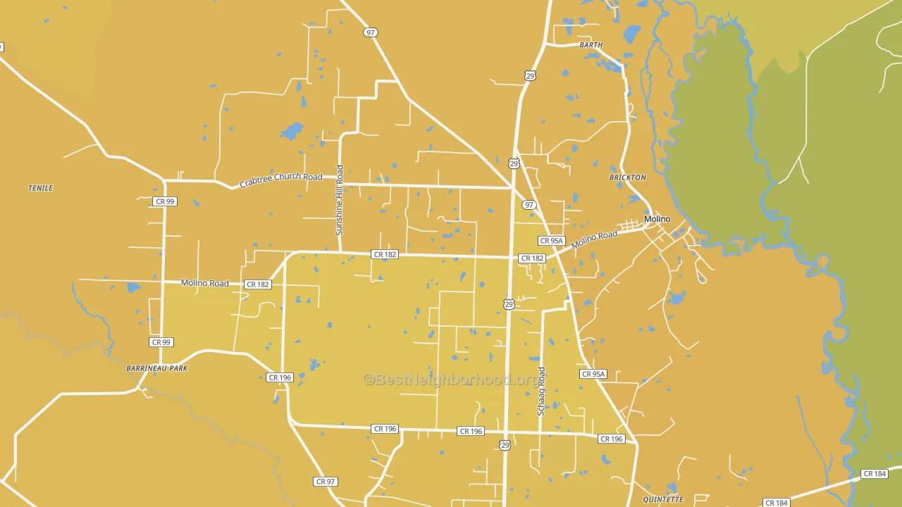 Map of the best neighborhoods in the Molino area, with better matches in green and worse matches in red