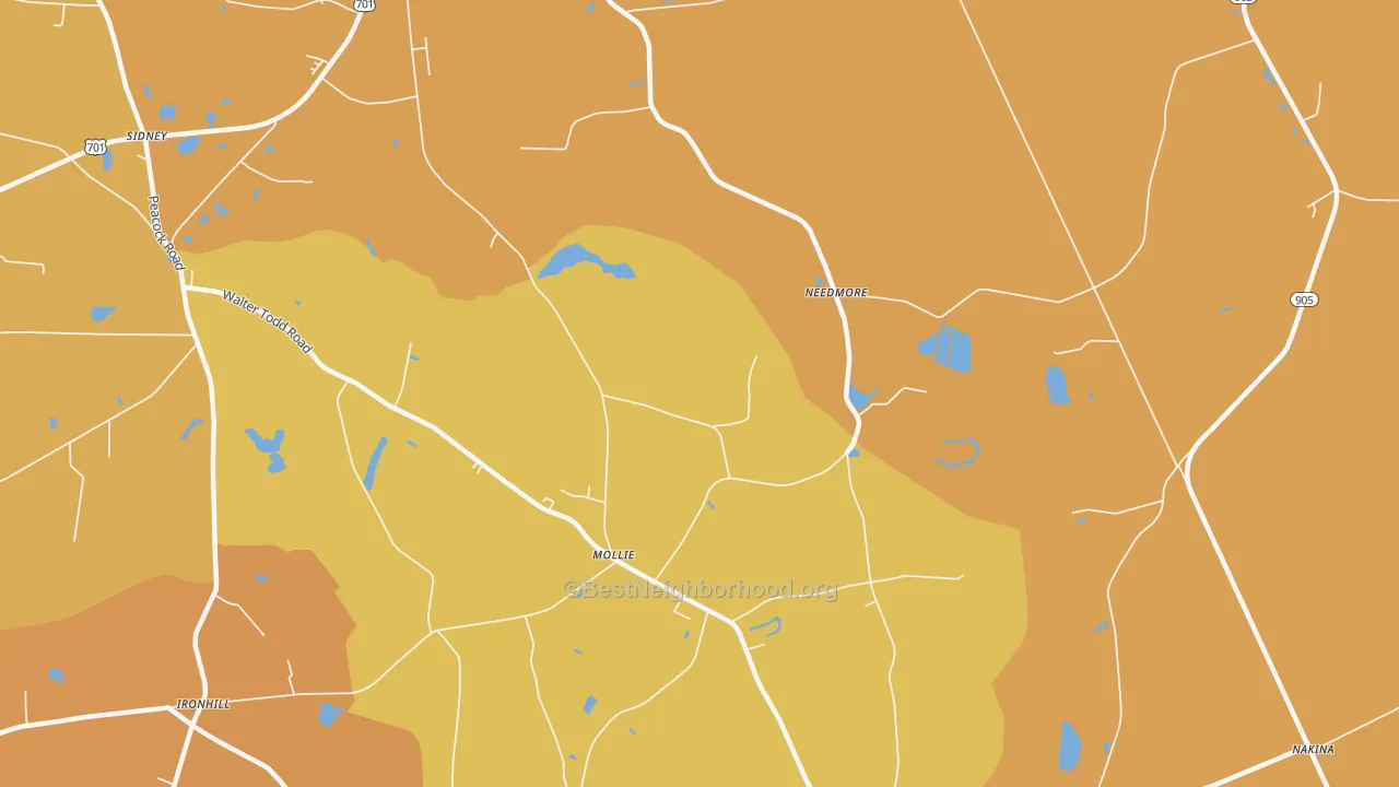 Map of the best neighborhoods in the Mollie area, with better matches in green and worse matches in red