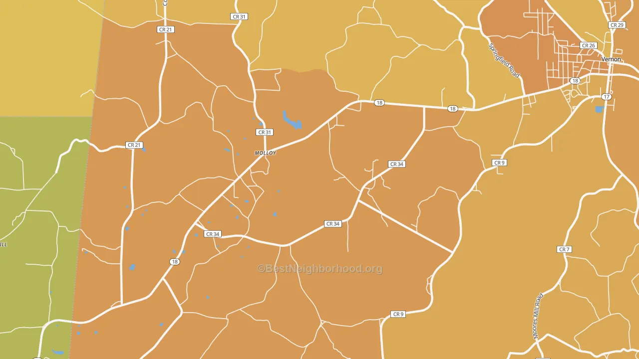 Map of the best neighborhoods in the Molloy area, with better matches in green and worse matches in red