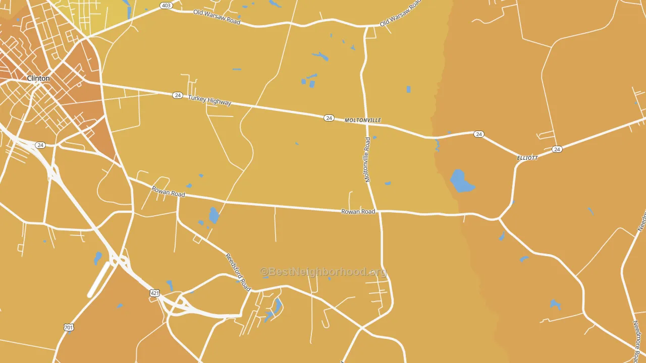 Map of the best neighborhoods in the Moltonville area, with better matches in green and worse matches in red