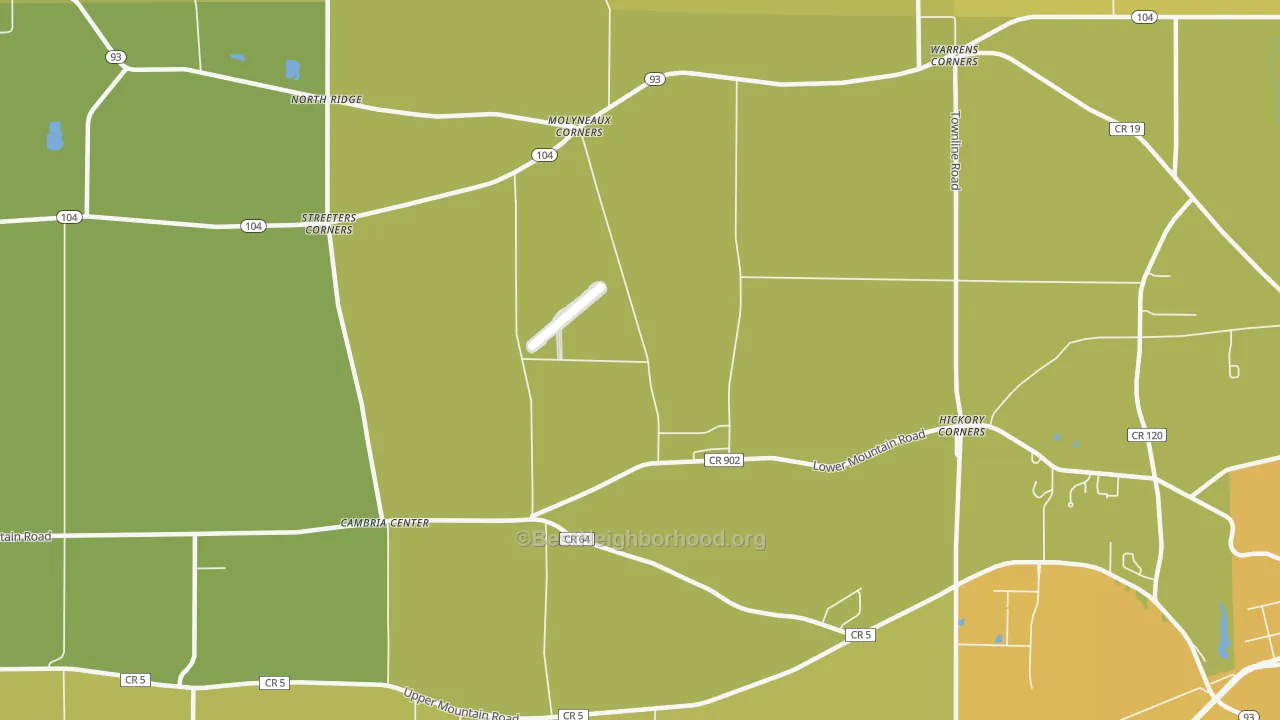 Map of the best neighborhoods in the Molyneaux Corners area, with better matches in green and worse matches in red