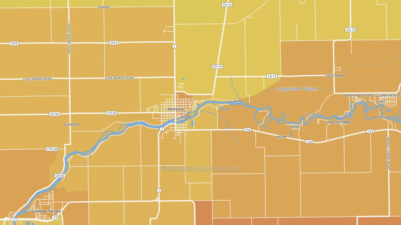 Map of the best neighborhoods in the Momence area, with better matches in green and worse matches in red