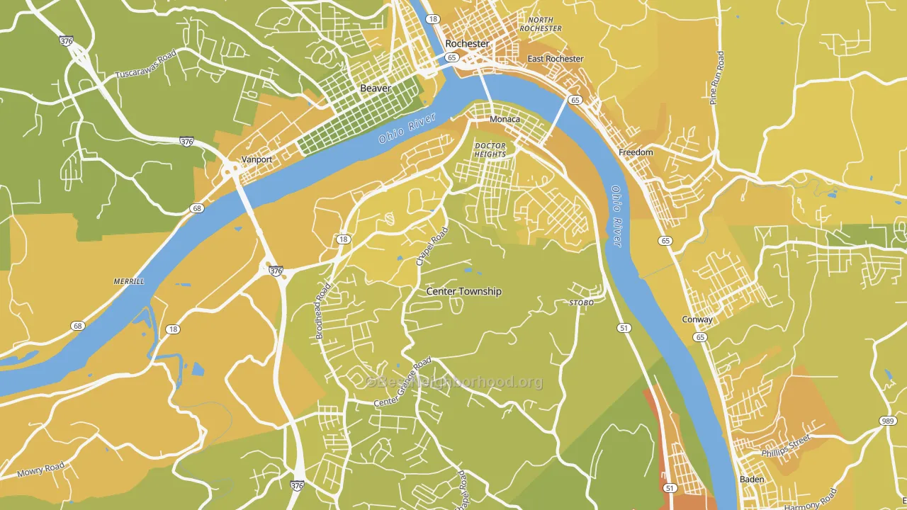Map of the best neighborhoods in the Monaca area, with better matches in green and worse matches in red