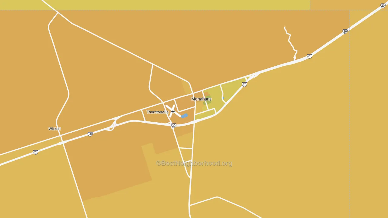 Map of the best neighborhoods in the Monahans area, with better matches in green and worse matches in red