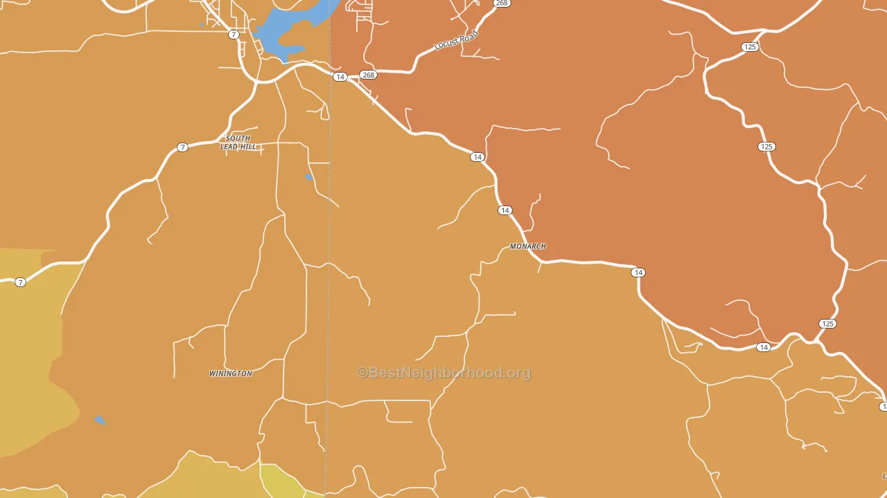 Map of the best neighborhoods in the Monarch area, with better matches in green and worse matches in red