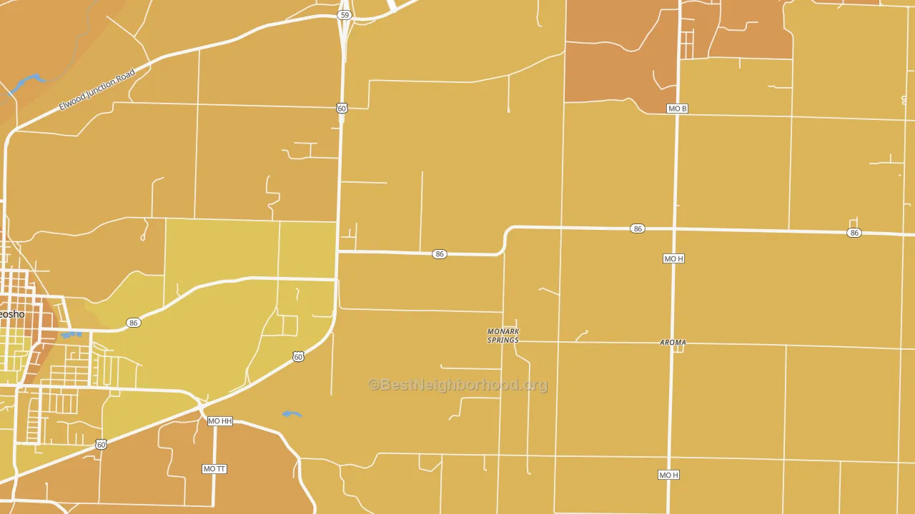 Map of the best neighborhoods in the Monark Springs area, with better matches in green and worse matches in red