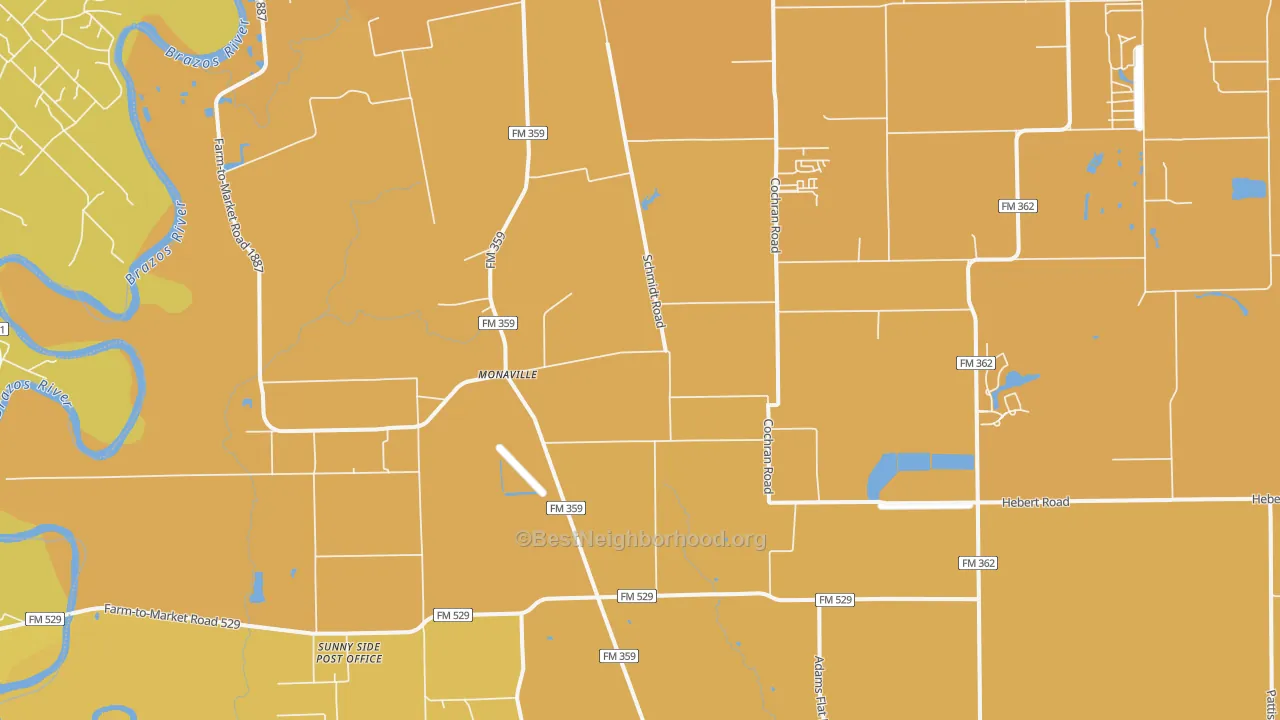 Map of the best neighborhoods in the Monaville area, with better matches in green and worse matches in red