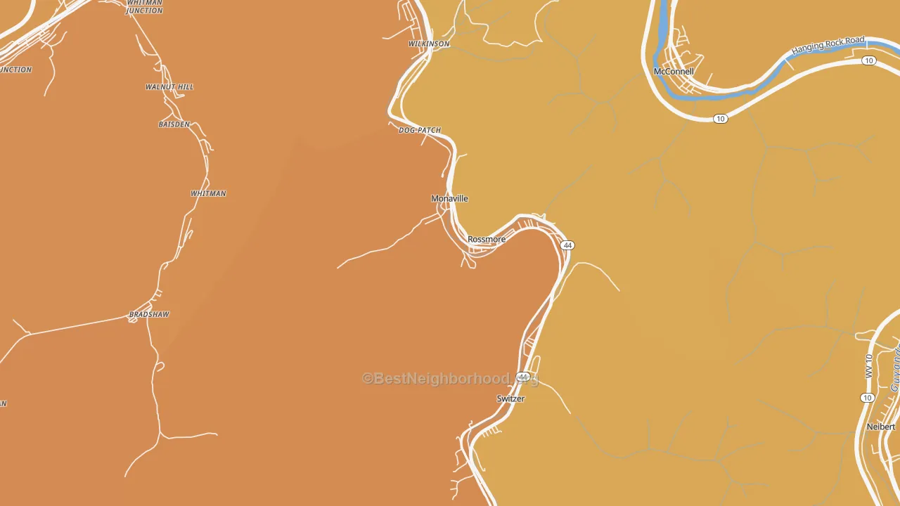 Map of the best neighborhoods in the Monaville area, with better matches in green and worse matches in red