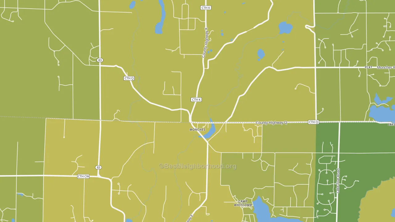 Map of the best neighborhoods in the Monches area, with better matches in green and worse matches in red