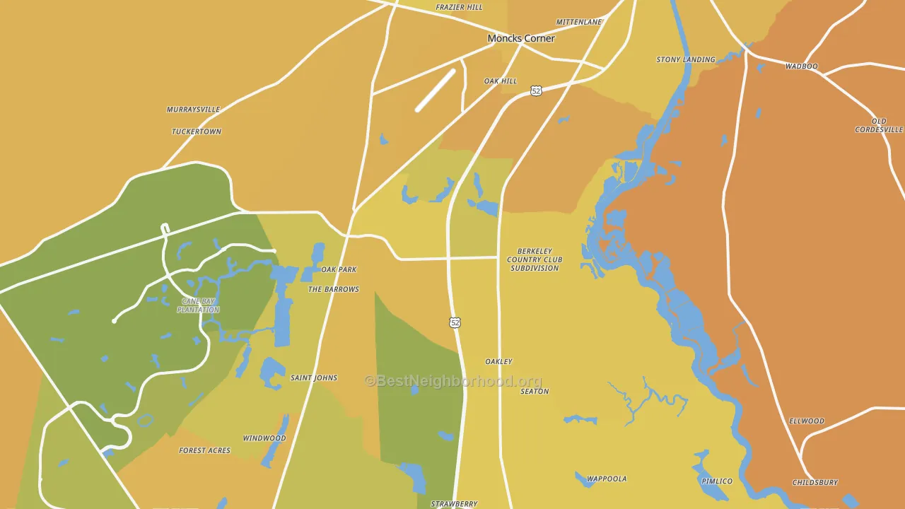 Map of the best neighborhoods in the Moncks Corner area, with better matches in green and worse matches in red