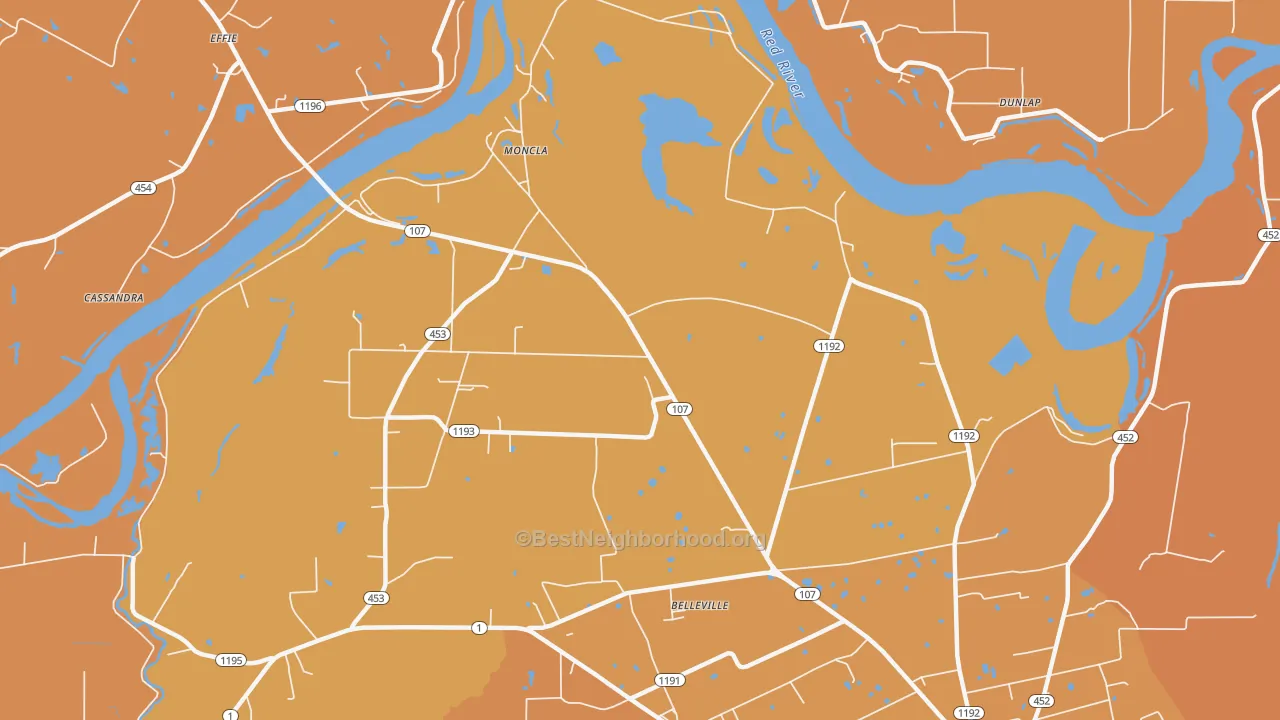 Map of the best neighborhoods in the Moncla area, with better matches in green and worse matches in red