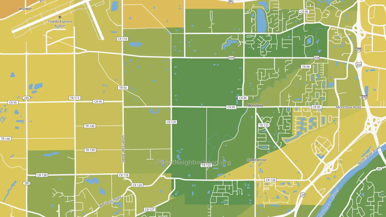 Map of the best neighborhoods in the Monclova area, with better matches in green and worse matches in red