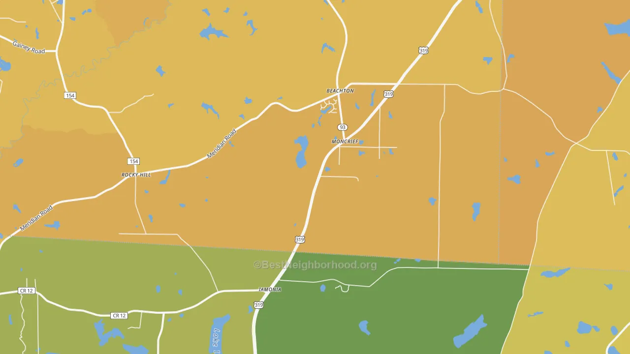Map of the best neighborhoods in the Moncrief area, with better matches in green and worse matches in red