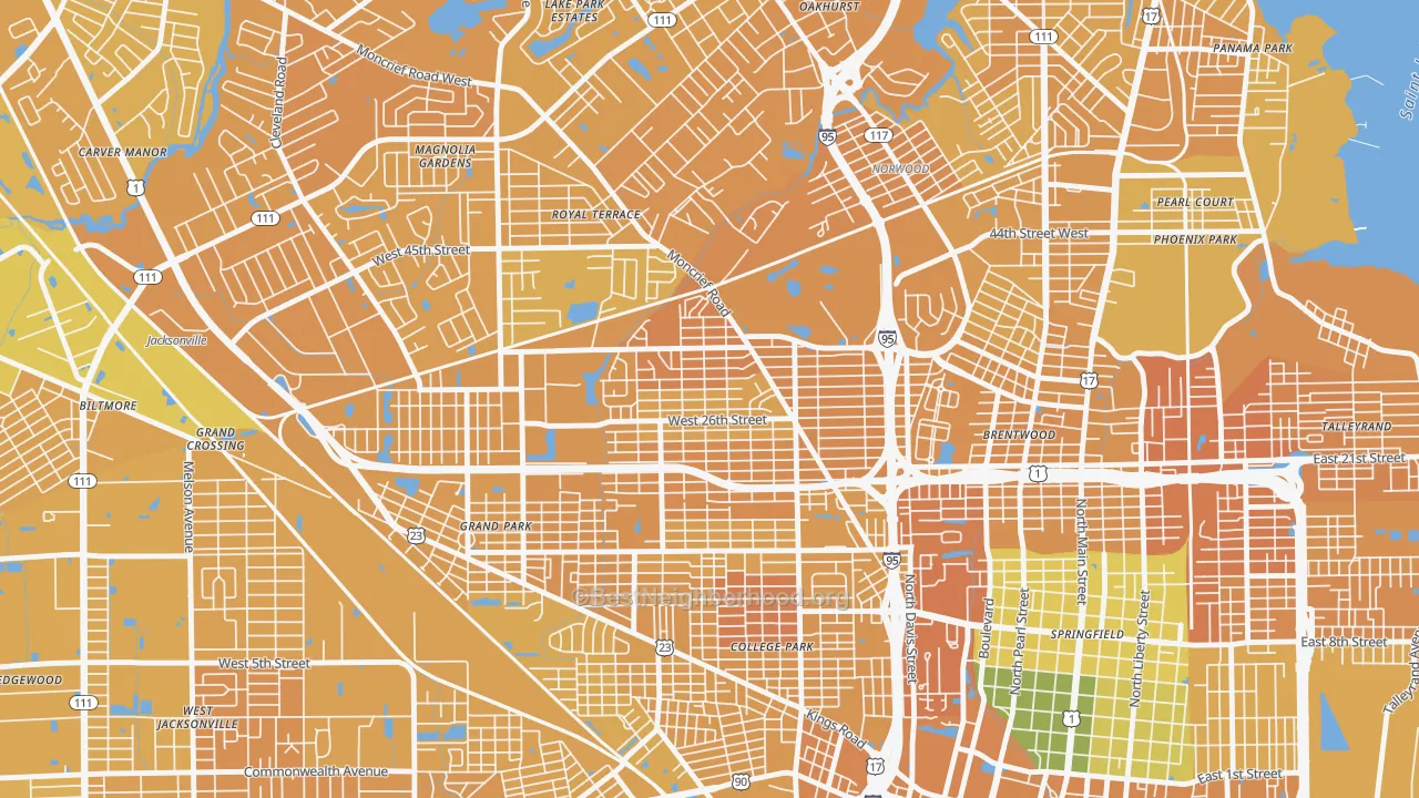 Map of the best neighborhoods in the Moncrief Park, Jacksonville area, with better matches in green and worse matches in red