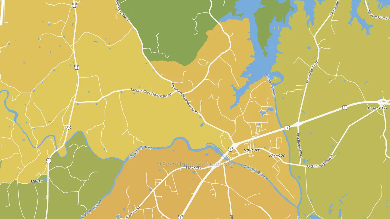 Map of the best neighborhoods in the Moncure area, with better matches in green and worse matches in red