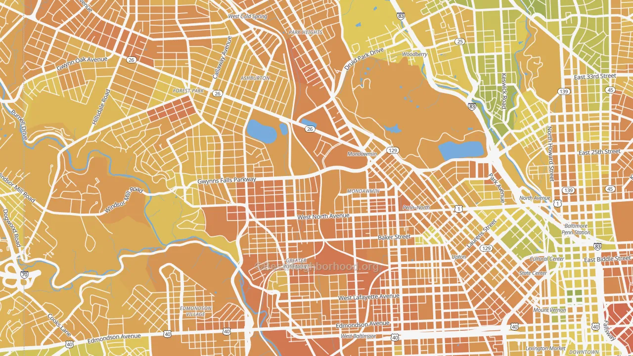 Map of the best neighborhoods in the Mondawin-Walbrook, Baltimore area, with better matches in green and worse matches in red