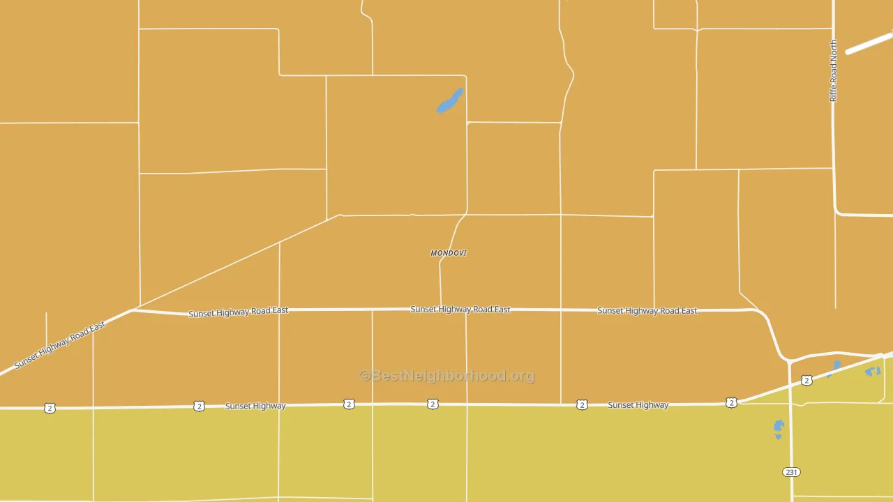 Map of the best neighborhoods in the Mondovi area, with better matches in green and worse matches in red