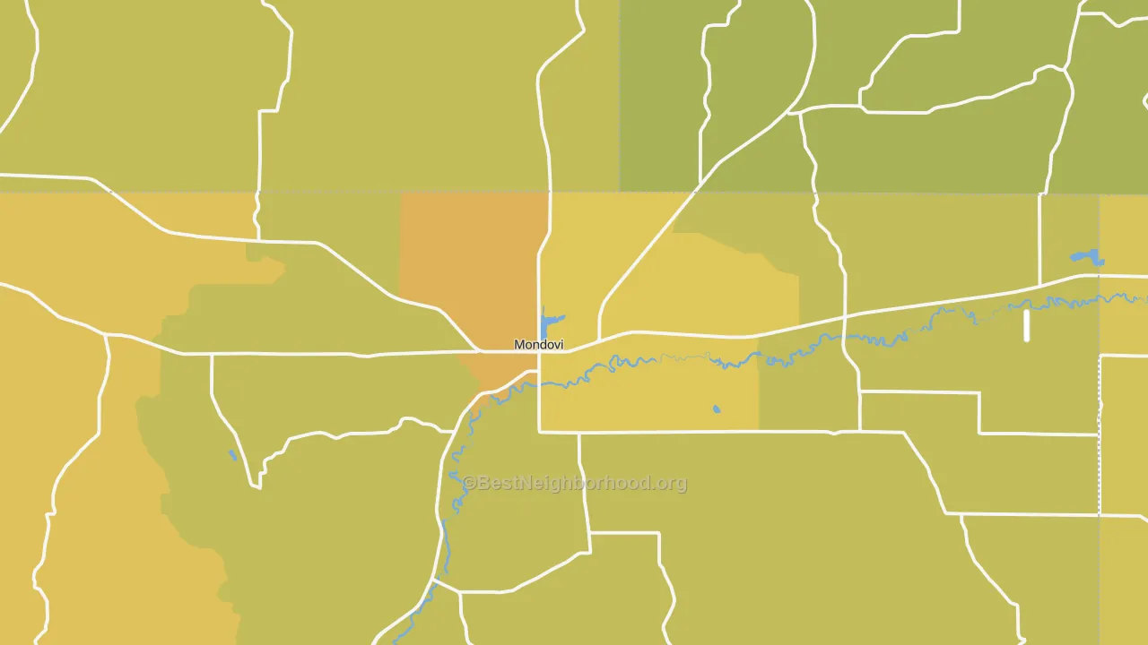 Map of the best neighborhoods in the Mondovi area, with better matches in green and worse matches in red