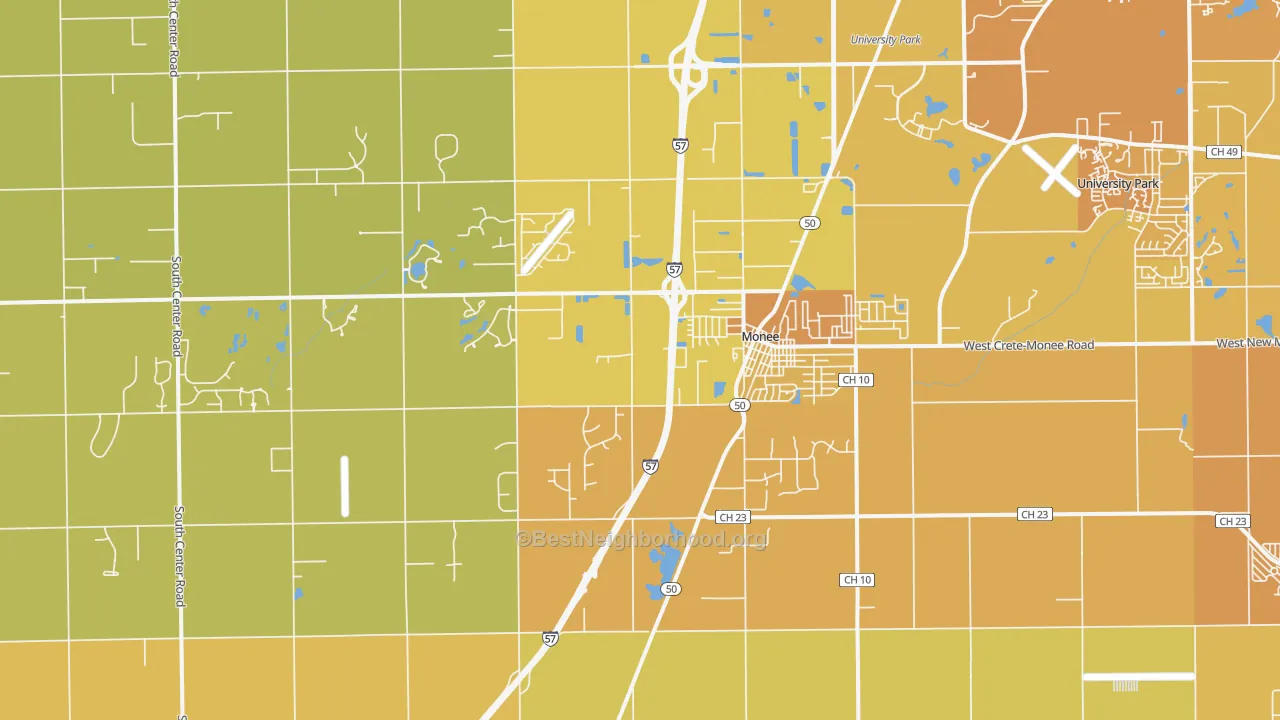 Map of the best neighborhoods in the Monee area, with better matches in green and worse matches in red
