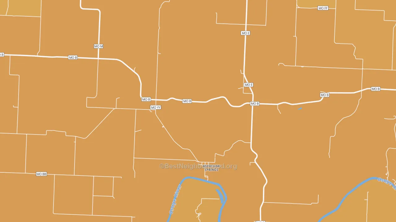 Map of the best neighborhoods in the Monegaw Springs area, with better matches in green and worse matches in red