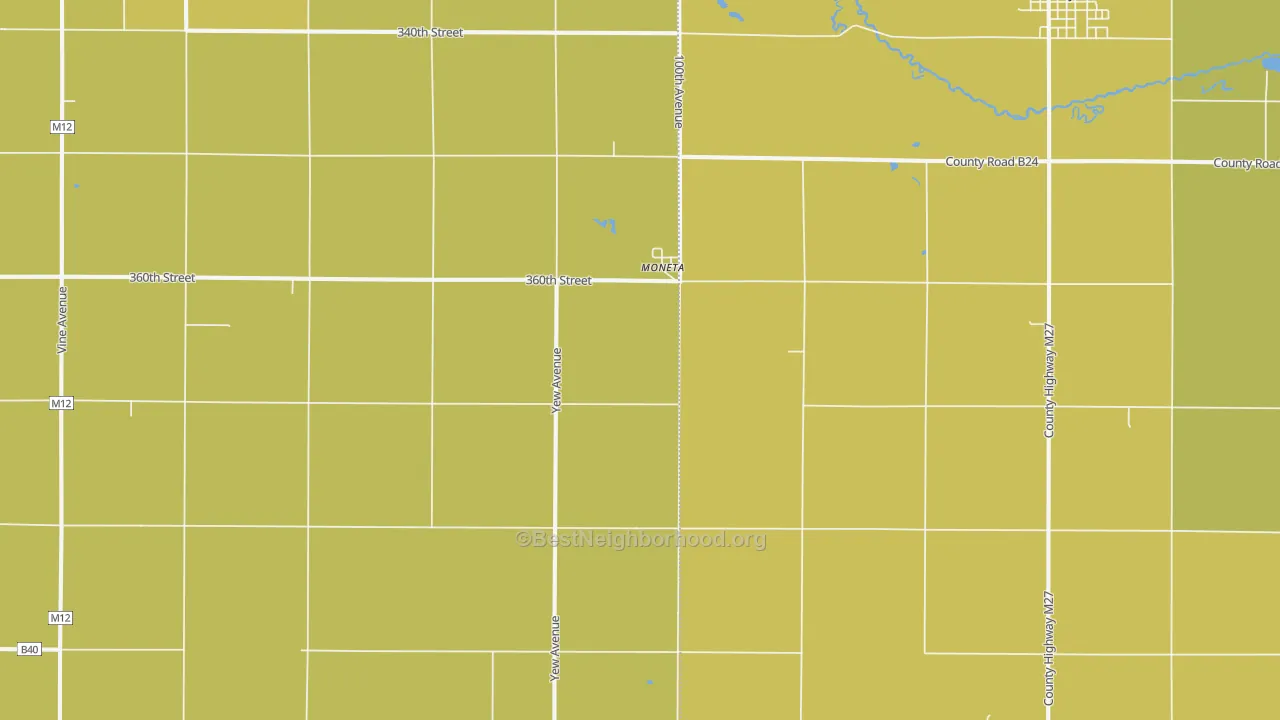 Map of the best neighborhoods in the Moneta area, with better matches in green and worse matches in red