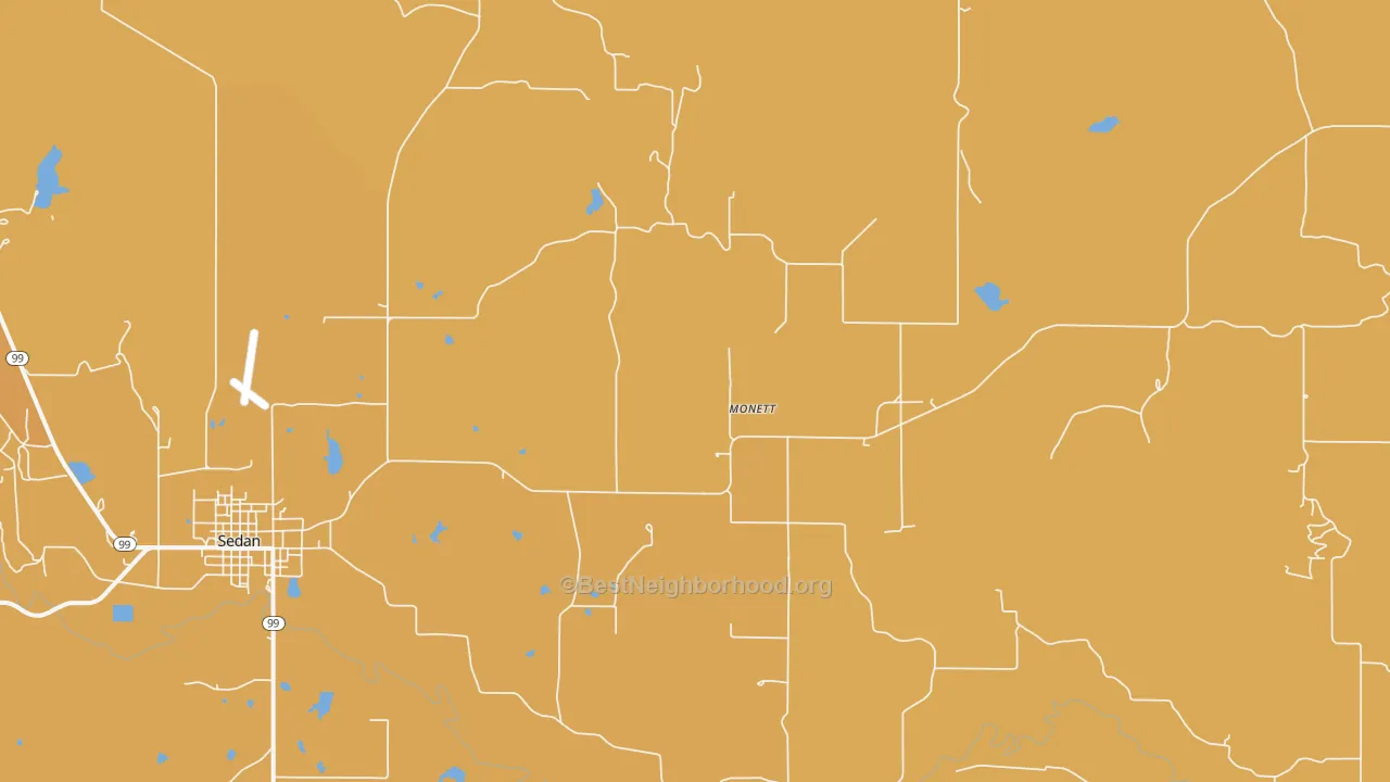 Map of the best neighborhoods in the Monett area, with better matches in green and worse matches in red