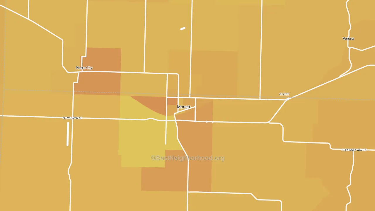 Map of the best neighborhoods in the Monett area, with better matches in green and worse matches in red