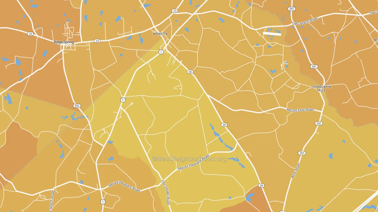 Map of the best neighborhoods in the Monetta area, with better matches in green and worse matches in red