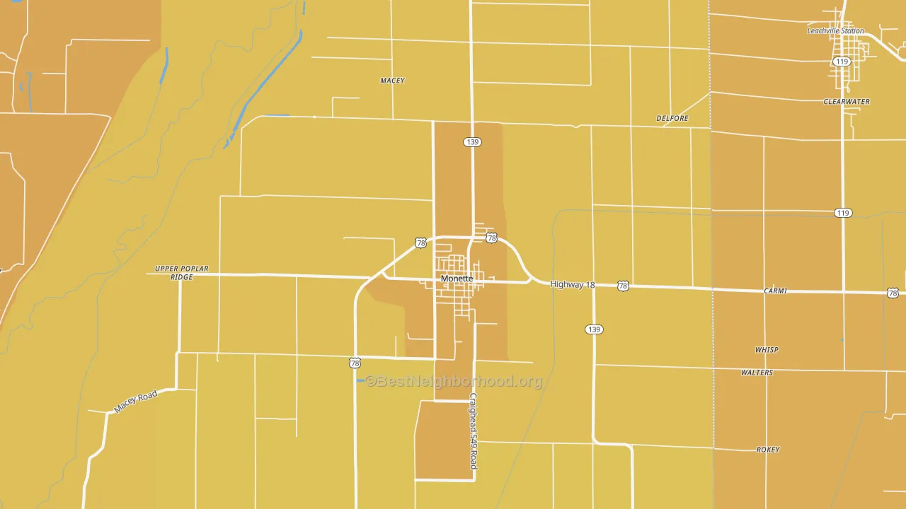 Map of the best neighborhoods in the Monette area, with better matches in green and worse matches in red