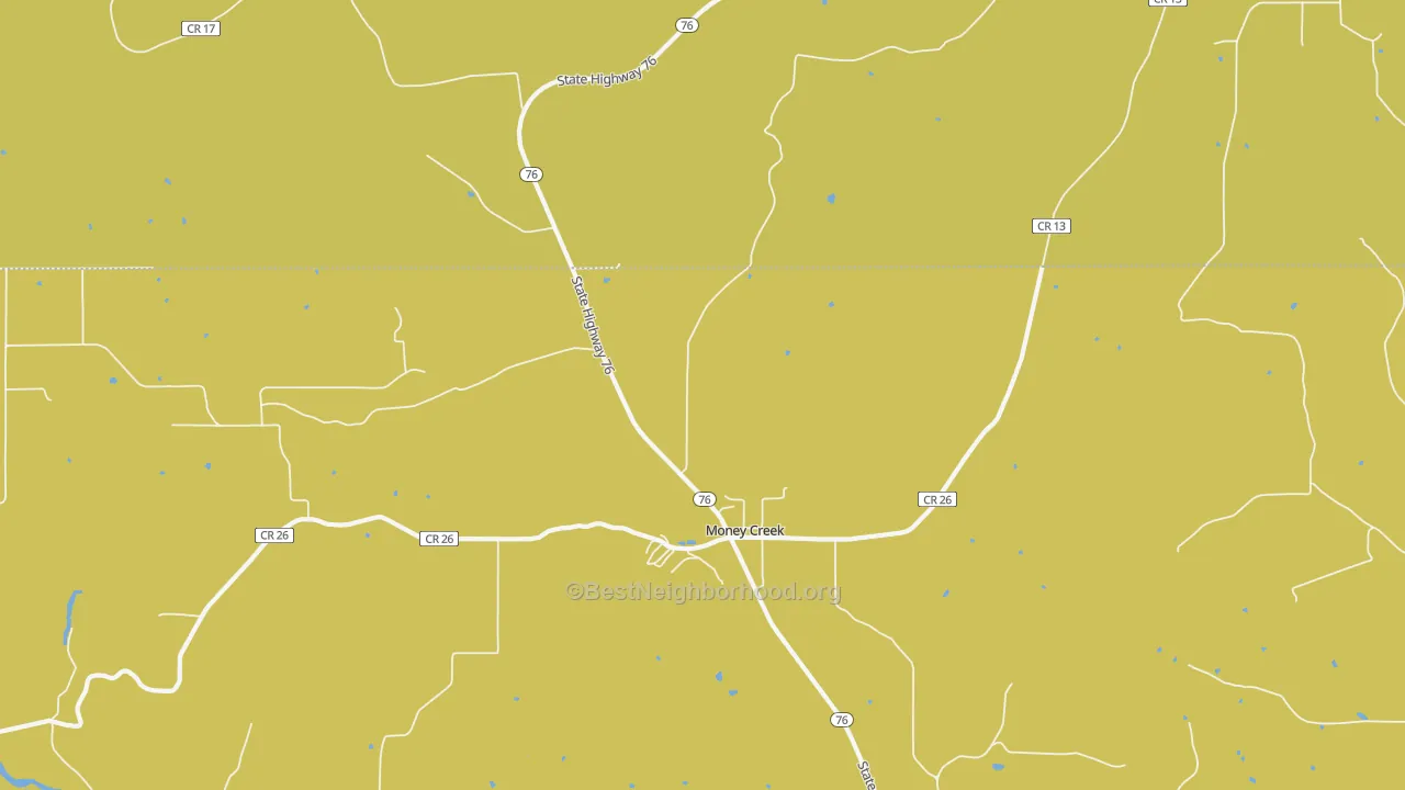 Map of the best neighborhoods in the Money Creek area, with better matches in green and worse matches in red