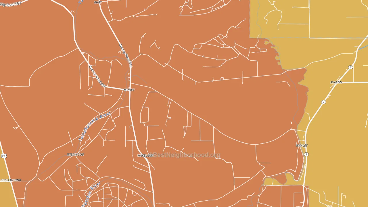 Map of the best neighborhoods in the Money area, with better matches in green and worse matches in red