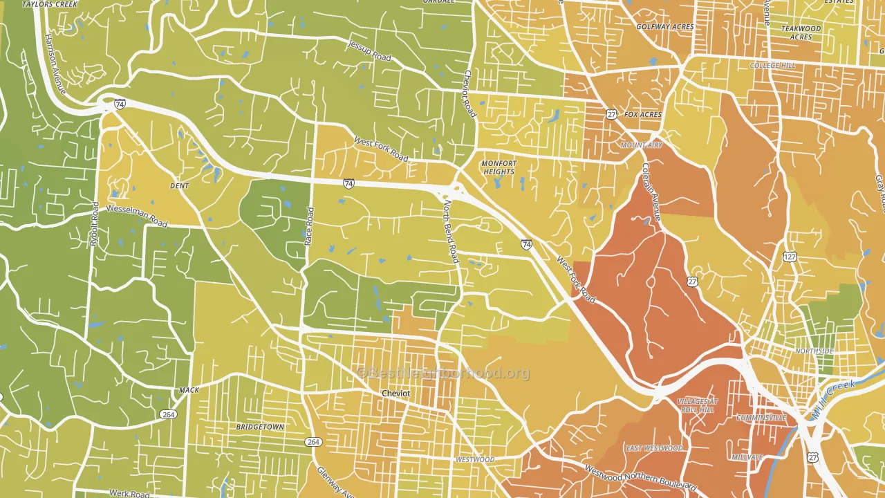 Map of the best neighborhoods in the Monfort Heights South, Cincinnati area, with better matches in green and worse matches in red
