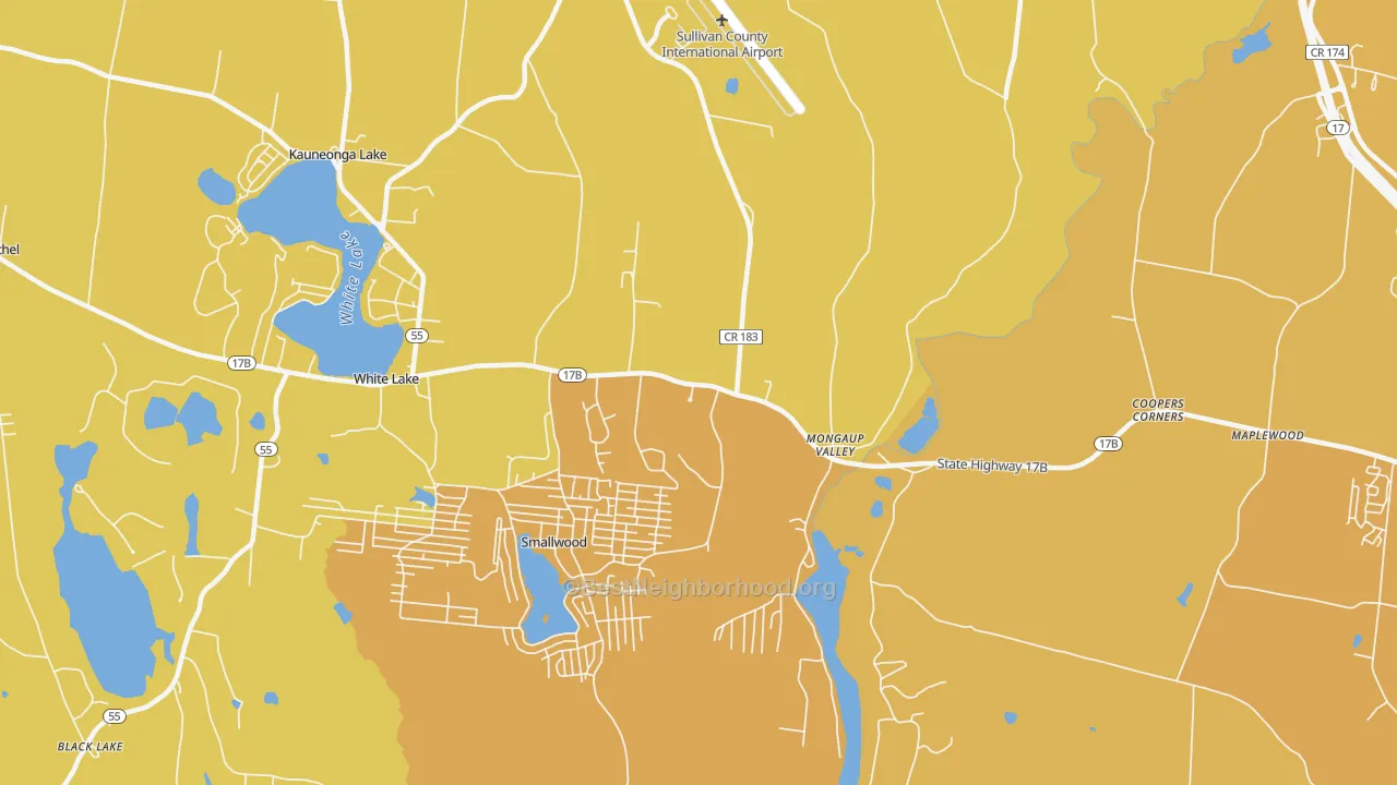 Map of the best neighborhoods in the Mongaup Valley area, with better matches in green and worse matches in red