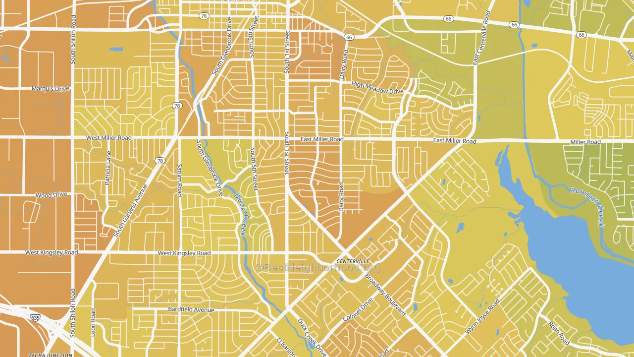 Map of the best neighborhoods in the Monica Park, Garland area, with better matches in green and worse matches in red