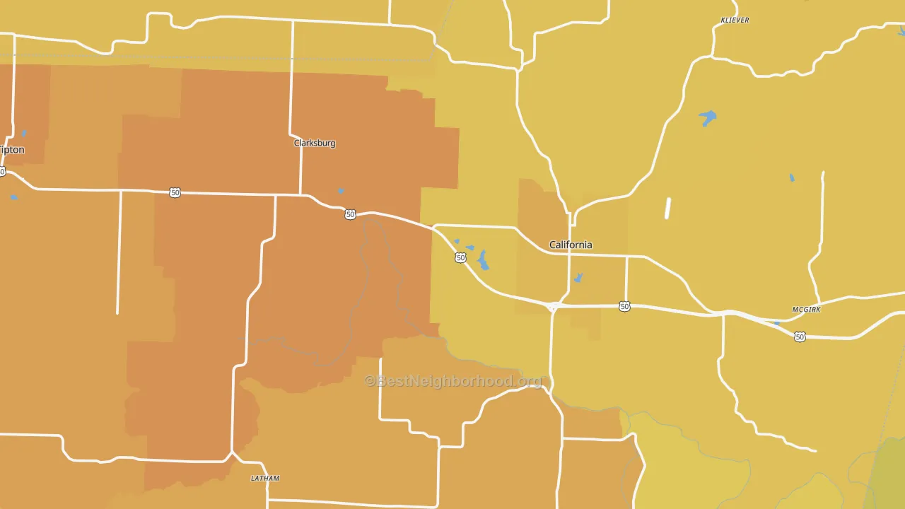 Map of the best neighborhoods in the Moniteau County area, with better matches in green and worse matches in red