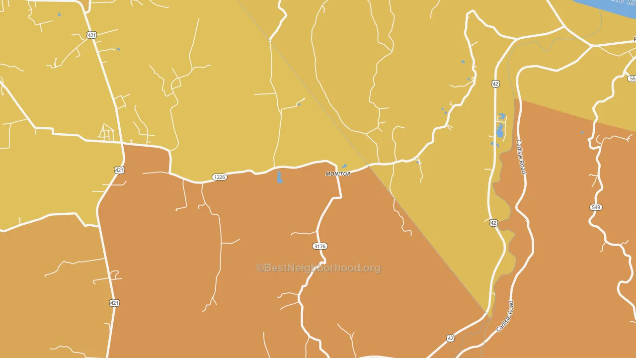 Map of the best neighborhoods in the Monitor area, with better matches in green and worse matches in red