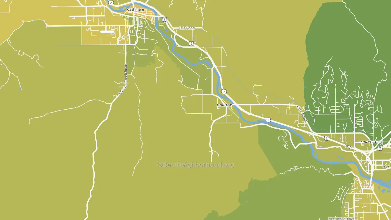 Map of the best neighborhoods in the Monitor area, with better matches in green and worse matches in red