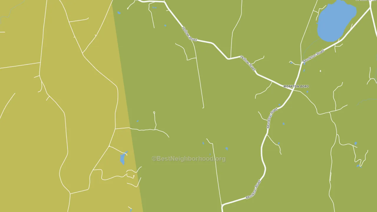 Map of the best neighborhoods in the Monkton Boro area, with better matches in green and worse matches in red