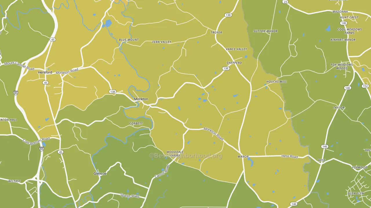 Map of the best neighborhoods in the Monkton area, with better matches in green and worse matches in red
