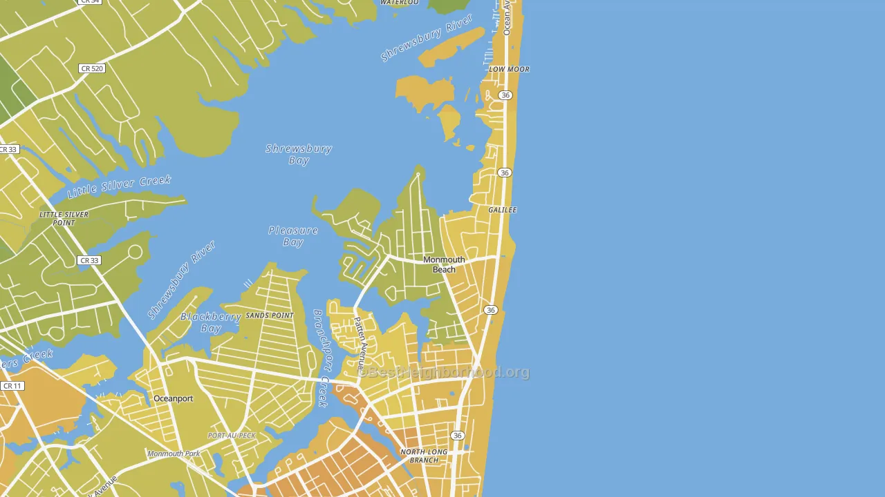 Map of the best neighborhoods in the Monmouth Beach area, with better matches in green and worse matches in red