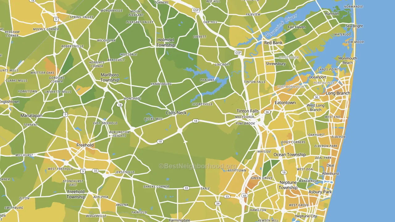 Map of the best neighborhoods in the Monmouth County area, with better matches in green and worse matches in red