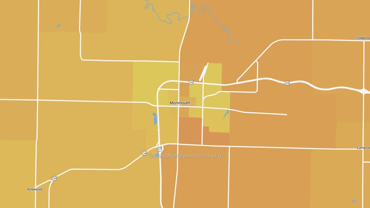 Map of the best neighborhoods in the Monmouth area, with better matches in green and worse matches in red