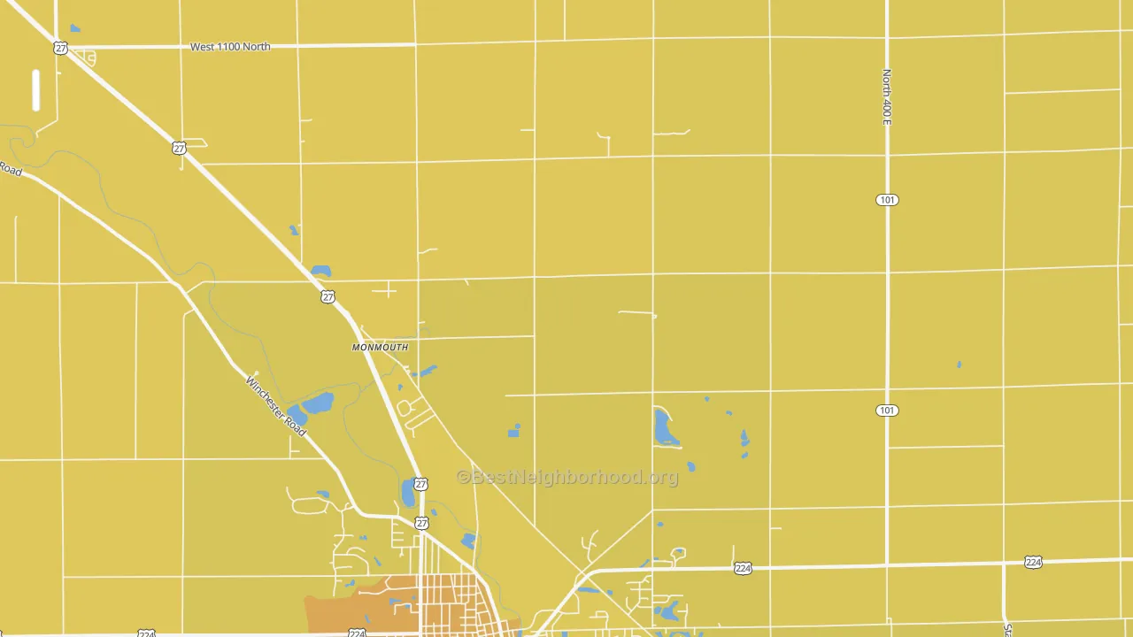 Map of the best neighborhoods in the Monmouth area, with better matches in green and worse matches in red