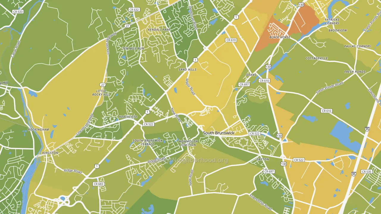 Map of the best neighborhoods in the Monmouth Junction area, with better matches in green and worse matches in red